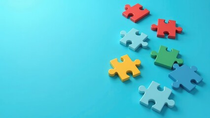 Colorful puzzle pieces scattered on a blue background represent the multifaceted nature of autism and the search for understanding. Concept of autism rights movement. World Autism Awareness Day