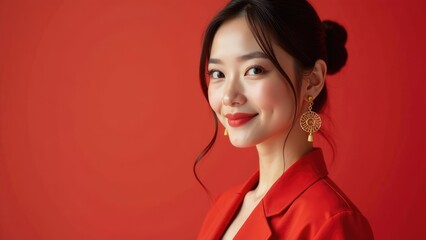 A young Asian woman with dimples smiles subtly while wearing a red blazer and gold earrings against a red background. Concept of Asian beauty, fashion, and elegance.