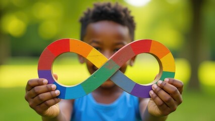 A young boy is holding up the infinity symbol painted in the colors of the autism spectrum. Concept of autism rights movement. World Autism Awareness Day