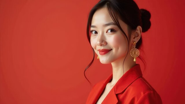 A young Asian woman with dimples smiles subtly while wearing a red blazer and gold earrings against a red background. Concept of Asian beauty, fashion, and elegance.
