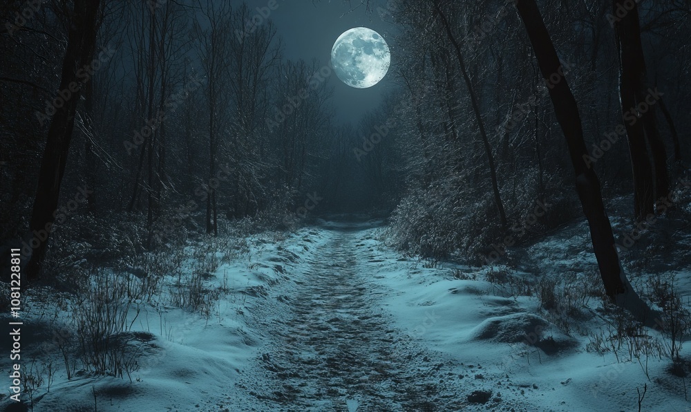 Poster snowy path winding through a dark forest under a full moon, with the trees casting long shadows and 