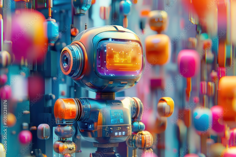 Poster a futuristic robot with a colorful background.