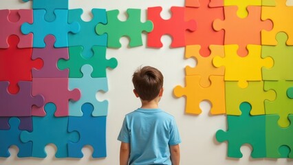 A young boy stands facing a colorful jigsaw puzzle wall, representing the complexities of autism. Concept of understanding autism's unique challenges. World Autism Awareness Day