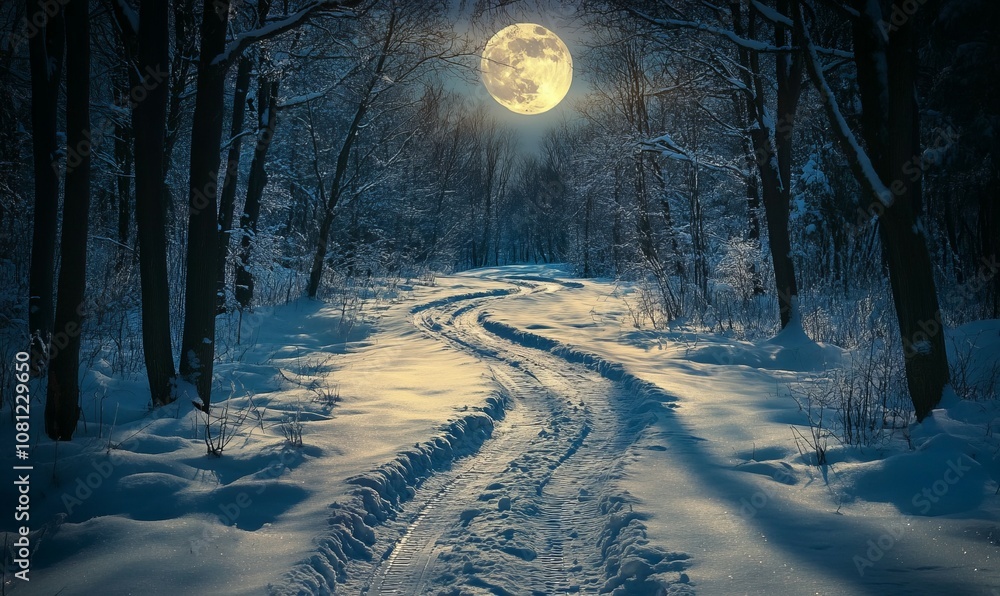 Poster snowy path winding through a dark forest under a full moon, with the trees casting long shadows and 