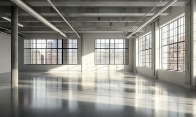 Spacious modern loft with large windows, exposed ductwork, and polished concrete floors.