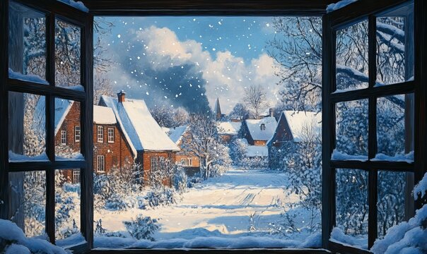 Fototapeta Snowy winter scene through a window