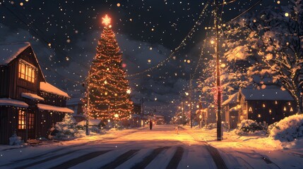 A snowy winter night with a beautifully lit Christmas tree in a charming village.