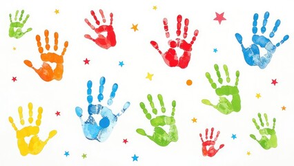 Obraz premium A vibrant collection of colorful handprints on a white background symbolizes the diverse spectrum of individuals affected by autism. World Autism Awareness Day