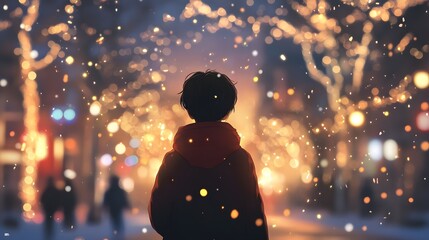A young boy gazes at glowing lights in a winter night setting.