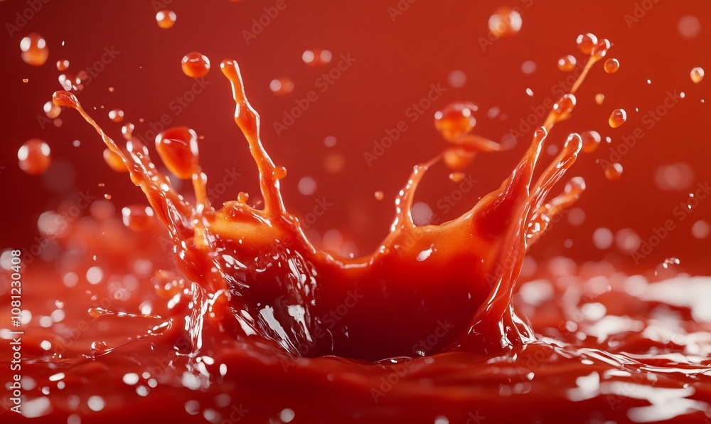 Poster splashes of rich tomato ketchup are frozen midair, creating a vivid display of texture and movement.