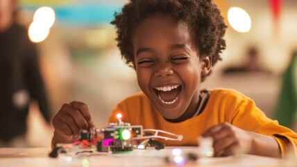 Joyful child engaging in creative robotics experiment,Kid Inventors’ Day