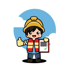 Cartoon worker in safety gear holding a checklist with a green checkmark, giving a thumbs up