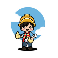 A cheerful cartoon construction worker with a helmet, vest, and blueprint, giving a thumbs up
