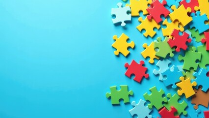 Colorful puzzle pieces scattered on a blue background represent the multifaceted nature of autism and the search for understanding. Concept of autism rights movement. World Autism Awareness Day