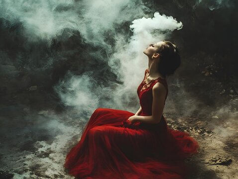 A woman in a red dress sitting on the ground with smoke