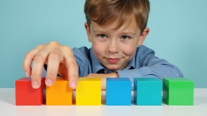 A young boy with autism is shown engaging in a focused sensory activity, arranging colorful blocks, which can be used to promote fine motor skills and cognitive development. World Autism Awareness Day