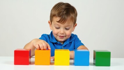 A young child with autism carefully arranges colorful blocks, demonstrating focus and engagement in a sensory play activity beneficial for development. World Autism Awareness Day
