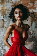 A woman in a red dress with her hands on her hips