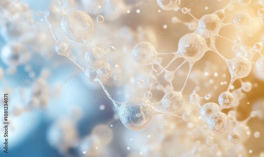 Poster the macro image of proteins appears as individual small bubbles interconnected by delicate strands o