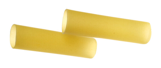  Italian uncooked cannelloni pasta tubes flying, isolated on white background