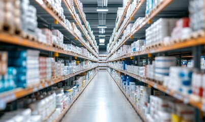 The warehouse features long rows of organized shelves filled with pharmaceutical products, showcasing a bright and orderly environment ideal for efficient operations