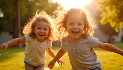 Kids joyfully playing outside, their faces lit up with smiles, capturing the pure essence of childhood happiness and carefree moments