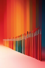 Artistic display of colorful paintbrushes arranged in a gradient of red, orange, and turquoise tones
