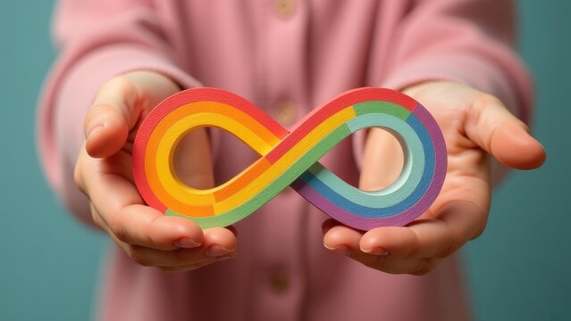 Two hands gently hold a colorful infinity symbol, representing the continuous journey and support for individuals on the autism spectrum.  Concept of lifelong autism support.