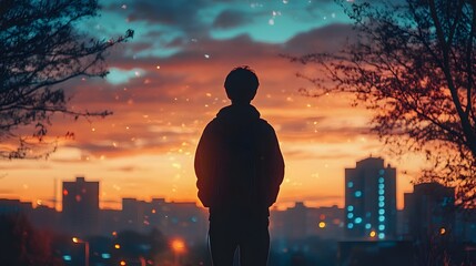 Fototapeta premium Silhouette of a young Asian male against a vibrant sunset cityscape.