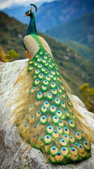 Obraz premium Stunning peacock displaying its vibrant feathers atop a rock in a mountainous landscape 