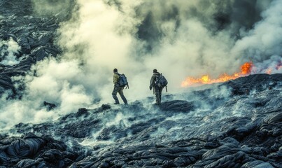 Obraz premium Two adventurers crossing a bubbling volcanic stream, with steam rising from the hot water and dark lava-covered terrain surrounding them