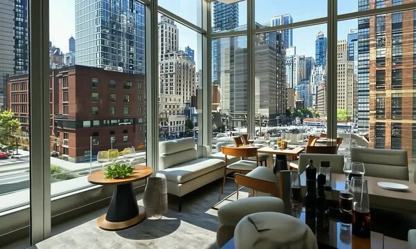 Chic urban dining room with floor-to-ceiling windows, modern furnishings, and a view of a bustling city street