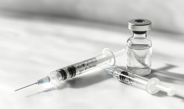 Vaccine in vial and syringe close-up on a white table gray background, medical concept, laboratory, subcutaneous injection vaccination, dose.
