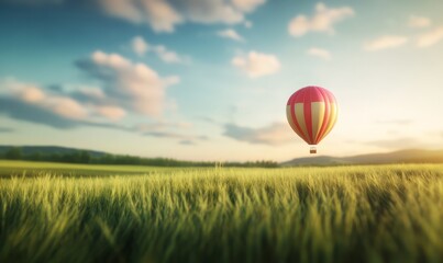 Fototapeta premium vibrant hot air balloon floats gracefully over lush green field, creating serene and picturesque scene