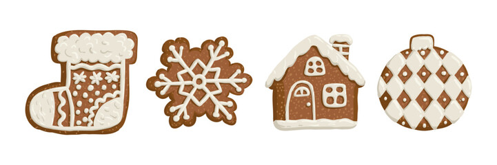 Set of Christmas gingerbread is drawn in a flat style. Holiday, sweets, pastries. Hand drawn vector illustration.
