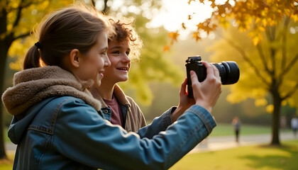 Young vloggers filming in the park, showcasing their passion for pop culture and internet entertainment, capturing fun moments and creative content.