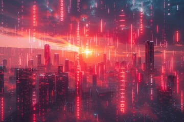 Fototapeta premium Futuristic city with red lights and skyscrapers in the background