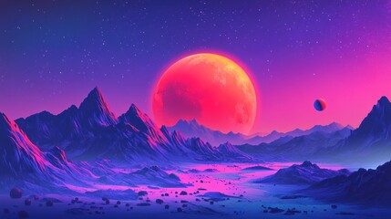 flat illustration of an alien planet landscape with mountains and a red moon