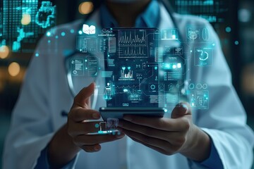 Obraz premium Smart Medical Doctor Working with Modern Computer Interface, Future Digital Engineering Healthcare Equipment Concept 
