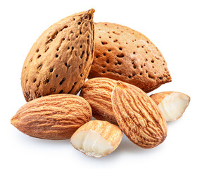 Almond nuts in shell and cracked almonds isolated on white background. File contains clipping path.
