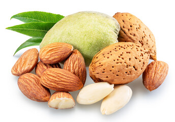 Group of different shelled, unshelled almond nuts isolated on white background. File contains clipping path.