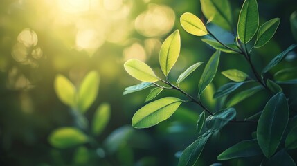 Obraz premium Green leaves with sunlight in a natural setting