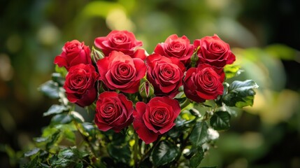 Obraz premium A bouquet of red roses arranged in a heart shape, against a green background.