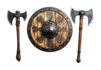 A Viking shield and axes, isolated on a white background
