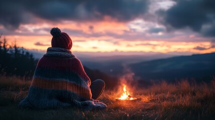 A woman is sitting on a rock near a fire