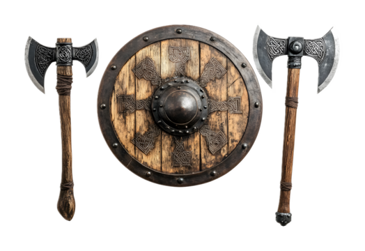 A Viking shield and axes, isolated on a white background