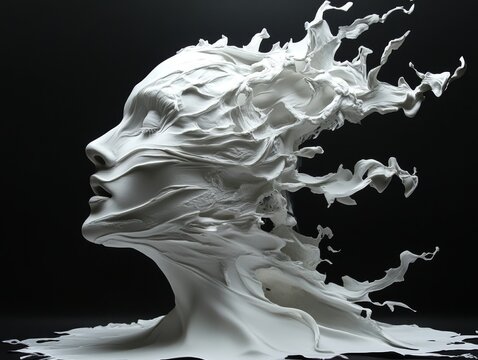 white surrealistic drawing of a beautiful woman's head on a black background