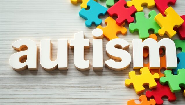 The word AUTISM is spelled out in large white letters on a light wood background, surrounded by colorful puzzle pieces. Concept of autism awareness and understanding. World autism awareness day
- Powered by Adobe
