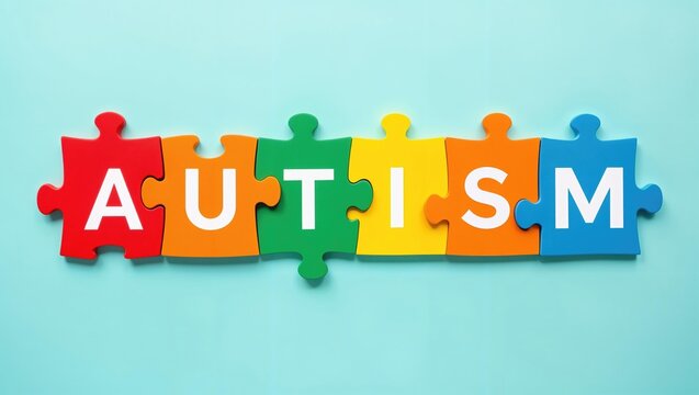 The word AUTISM is spelled out using colorful puzzle pieces on a light blue background. Concept of autism awareness and understanding. World autism awareness day