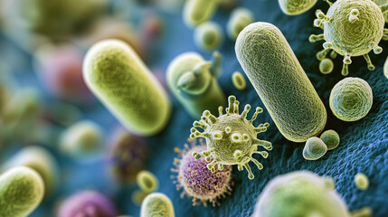 Microscopic Close-up of Various Bacteria Shapes on a Colorful Background
